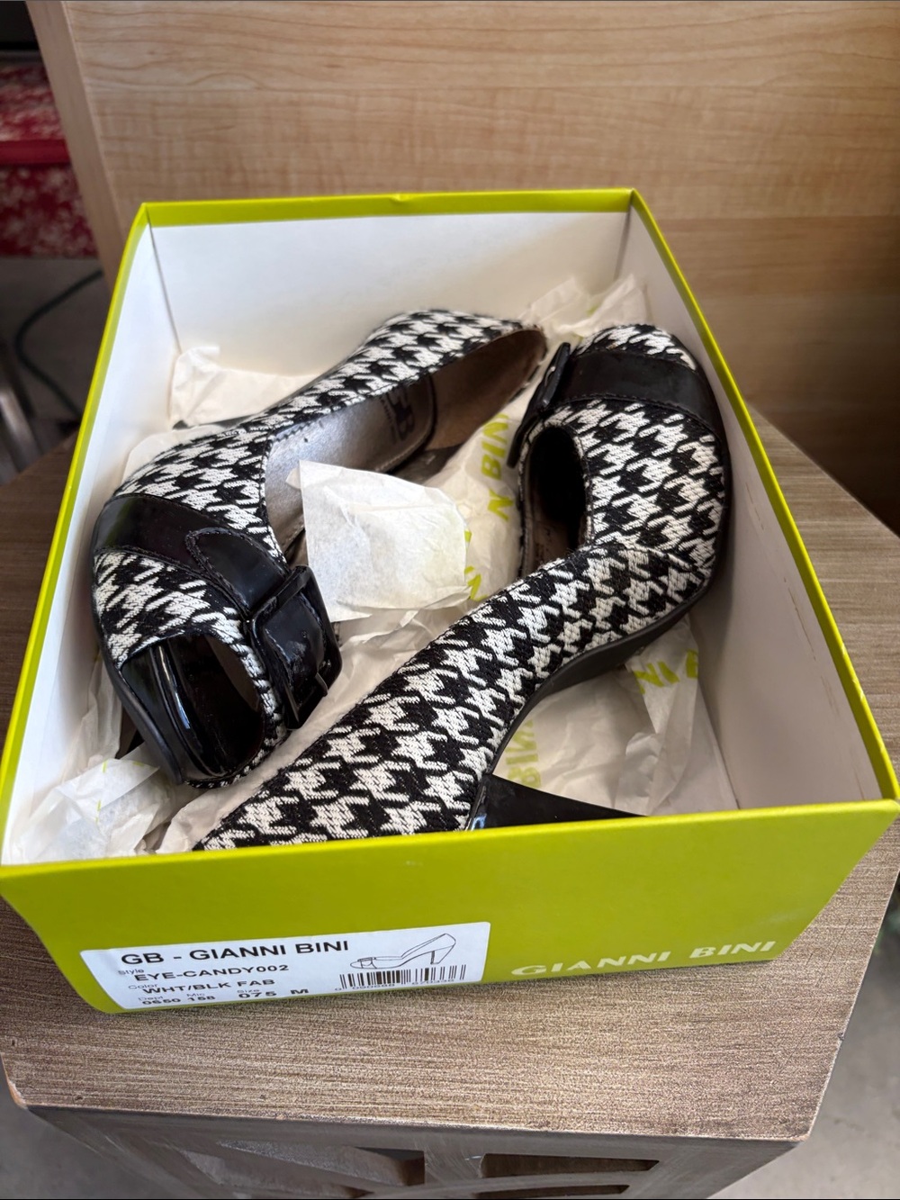 Gianni Bini Black & White Houndstooth Peep-Toe Heels with Patent Trim TLNPCL